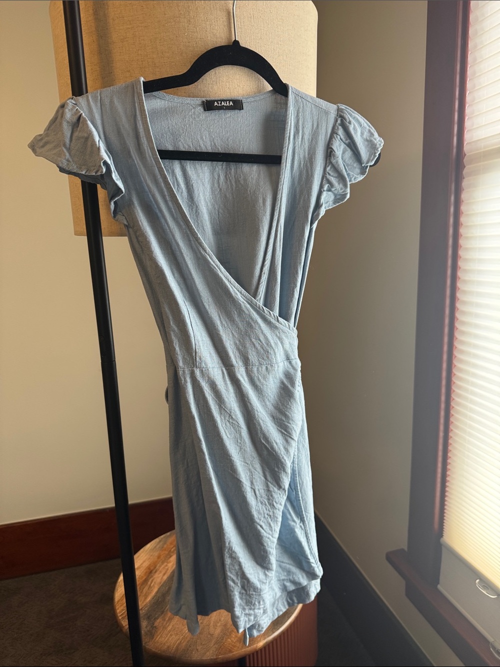 Azalea Powder Blue Mini Wrap Dress with Puff Sleeves